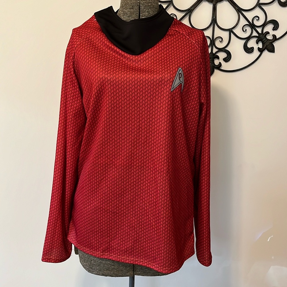 Star Trek Scotty shirt, Rubies costumes, red communicator print fabric, adult M